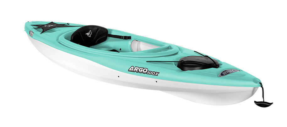 Pelican Argo 100X sit-in kayak in Mint Green, three-quarter view