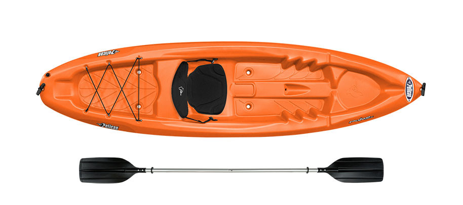 Pelican Pulse 100X kayak with paddle in Orange, top view