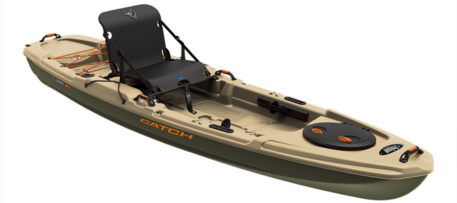 Pelican Catch Classic 120 fishing kayak in Light Khaki, three-quarter view Pelican Catch Classic 120 fishing kayak in Light Khaki, three-quarter view