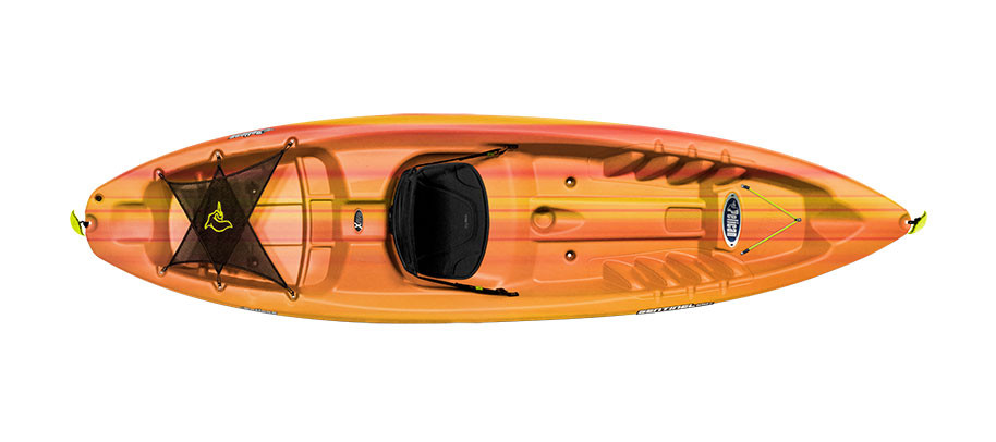 Pelican Sentinel 100X recreational kayak in Fade Fireman Red Yellow, top view