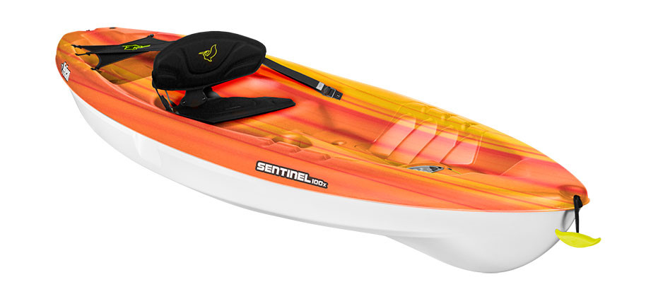 Pelican Sentinel 100X recreational kayak in Fade Fireman Red Yellow, three-quarter view