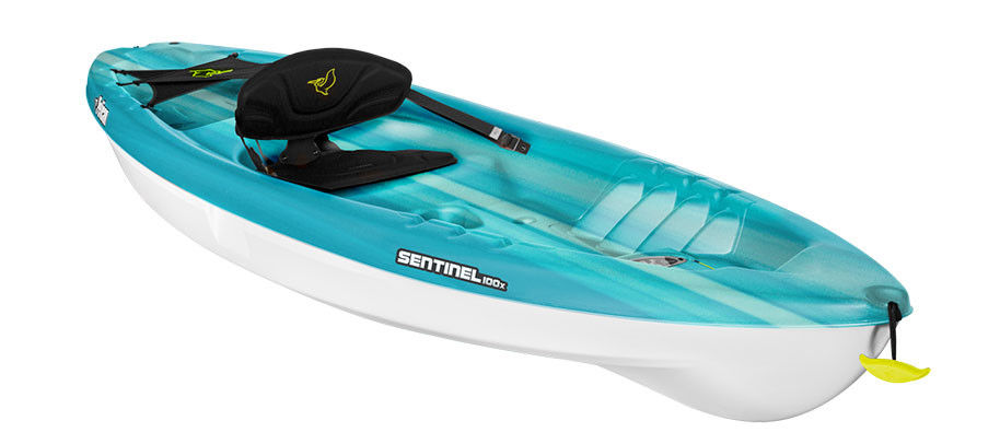 Pelican Sentinel 100X recreational kayak in Fade Turquoise White, three-quarter view