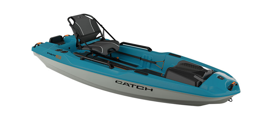 Pelican Catch PWR 100 motorized fishing kayak in Turquoise, three-quarter view